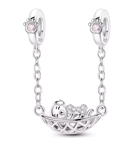 CHARM PLATA 925 cadena de seguridad cachorro dormido y circonitas
