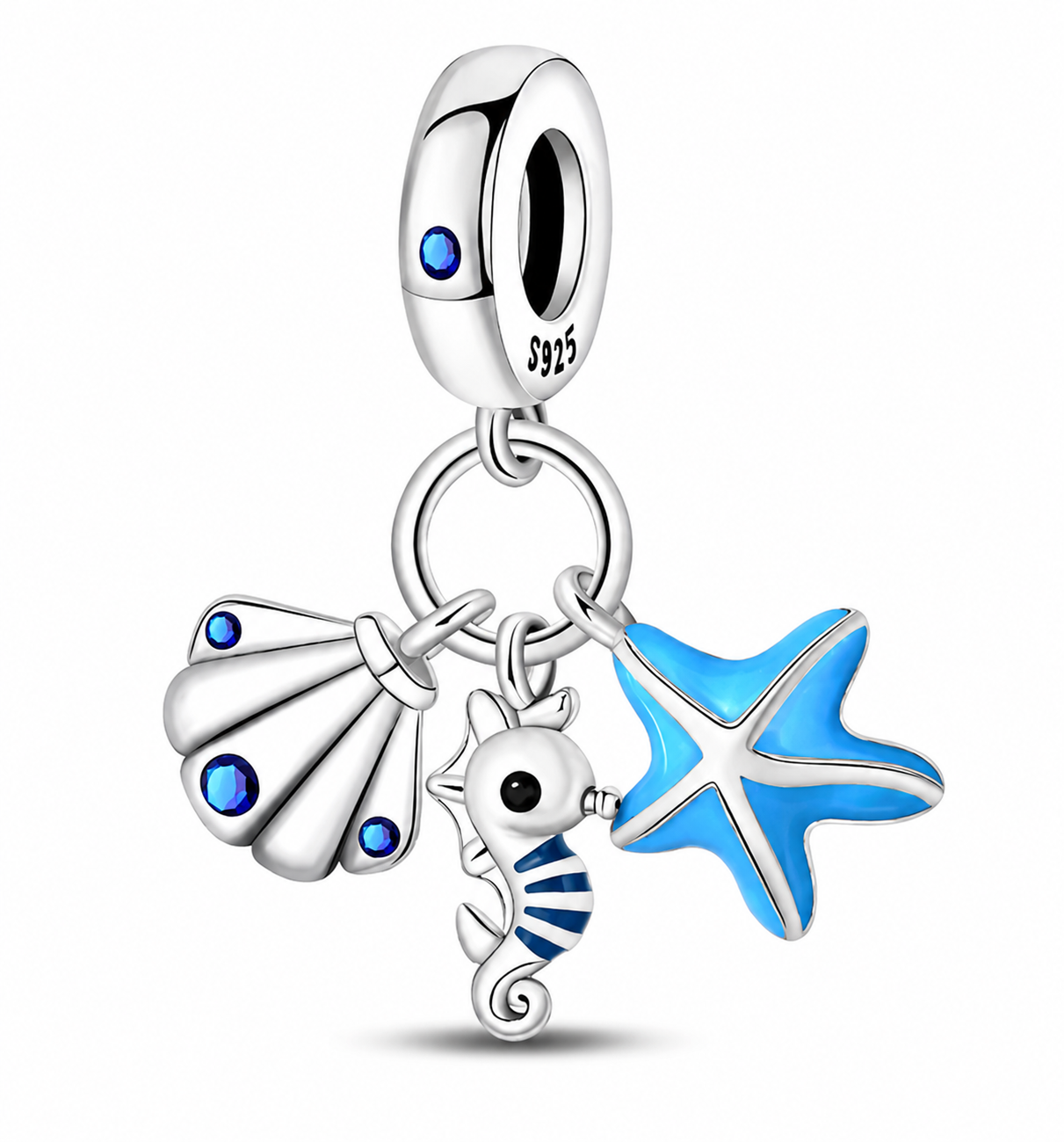 CHARM PLATA 925 esmalte caballito de mar y conchas
