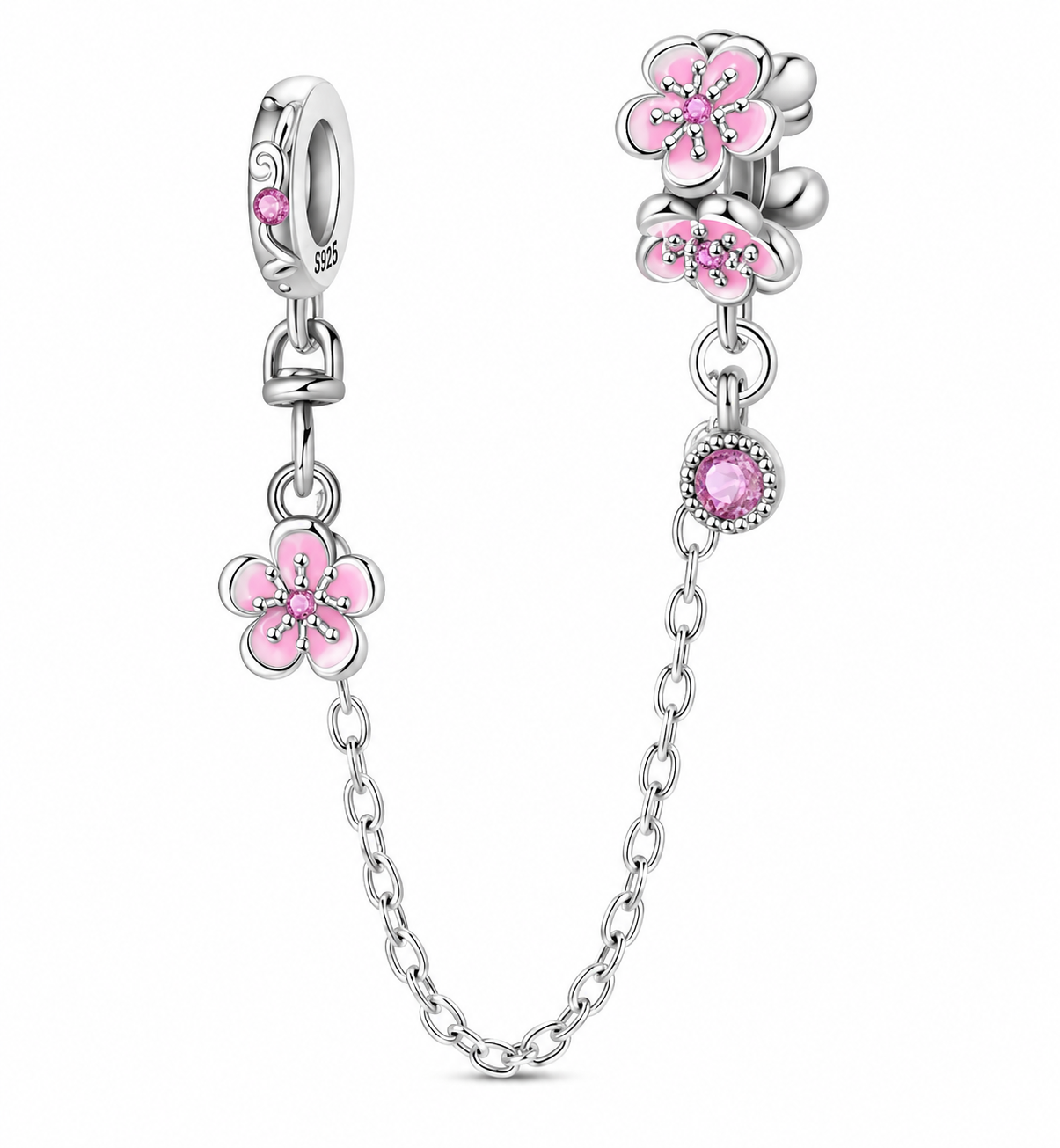 CHARM PLATA 925 cadena de seguridad flor sakura con circonitas