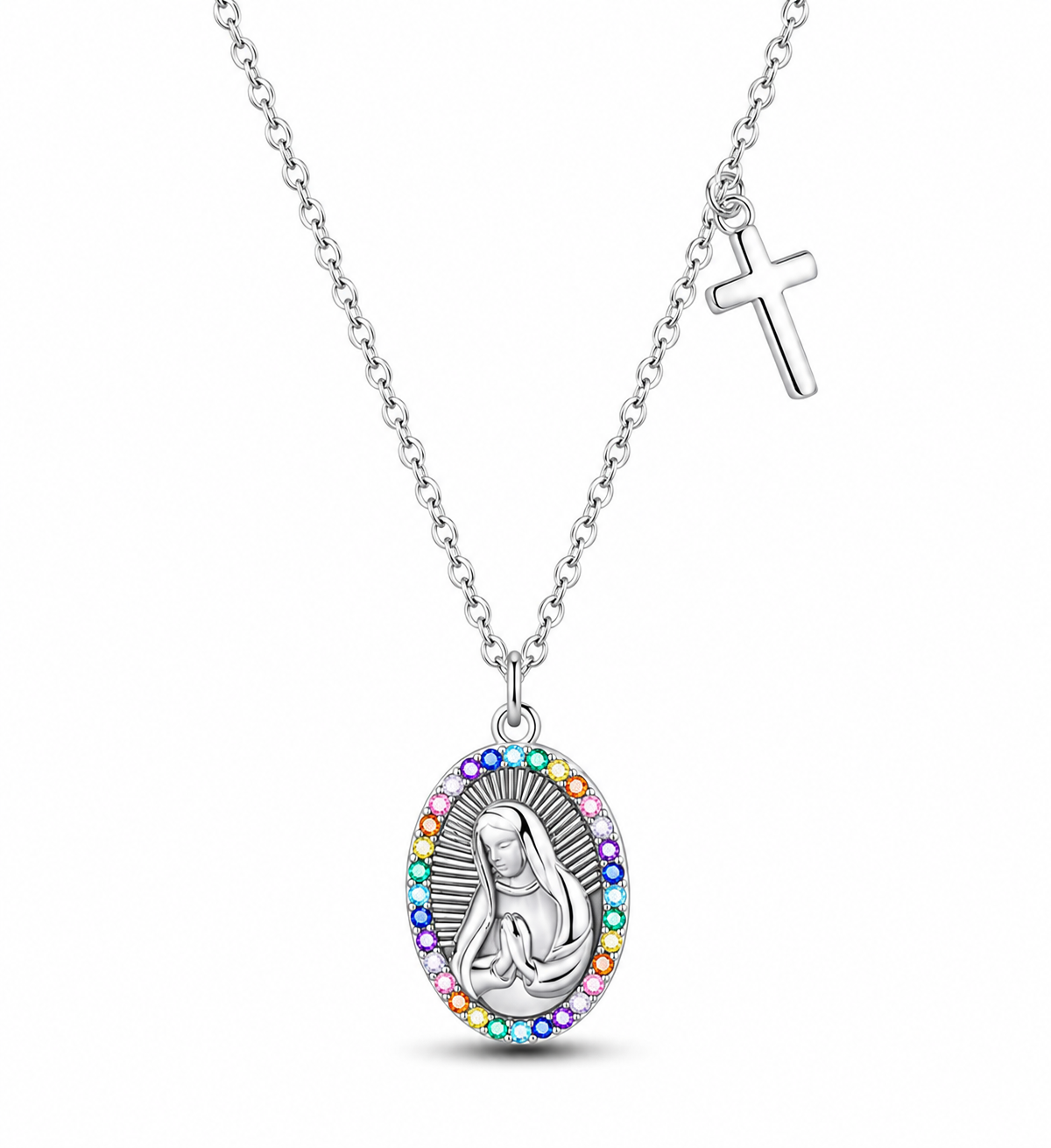 CADENA ROLO 45 CM CON COLGANTE PLATA 925 virgen y cruz con circonitas