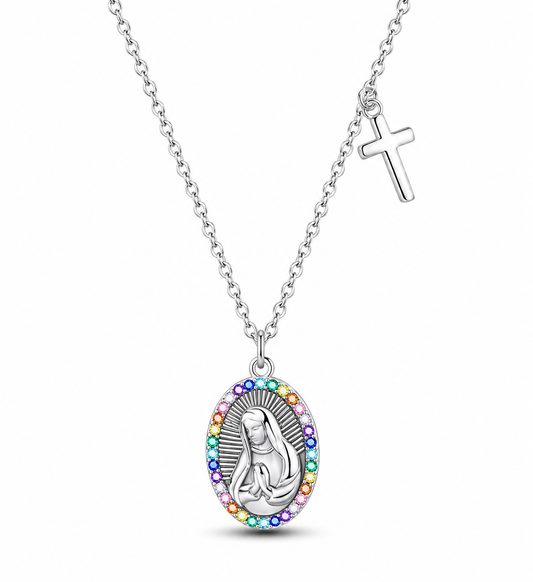 CADENA ROLO 45 CM CON COLGANTE PLATA 925 virgen y cruz con circonitas