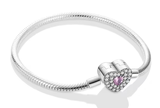 Pulsera de Plata de Ley 925 de cadena de serpiente y cierre corazón y pavé de circonitas