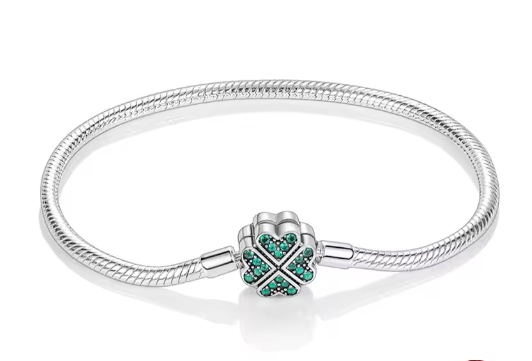 Pulsera de Plata de Ley 925 de cadena de serpiente y cierre trébol cuatro hojas con circonitas