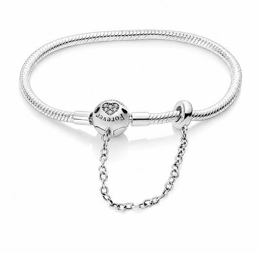 Pulsera de Plata de Ley 925 de cadena de serpiente y cierre forever con cadena de seguridad