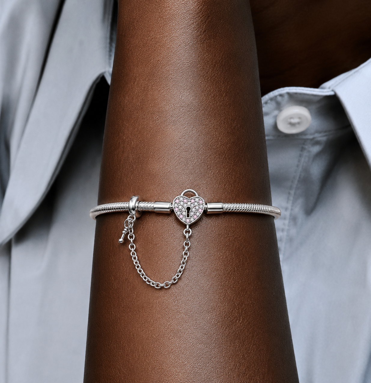 Pulsera de Plata de Ley 925 de cadena de serpiente y cierre corazón con circonitas y cadena de seguridad