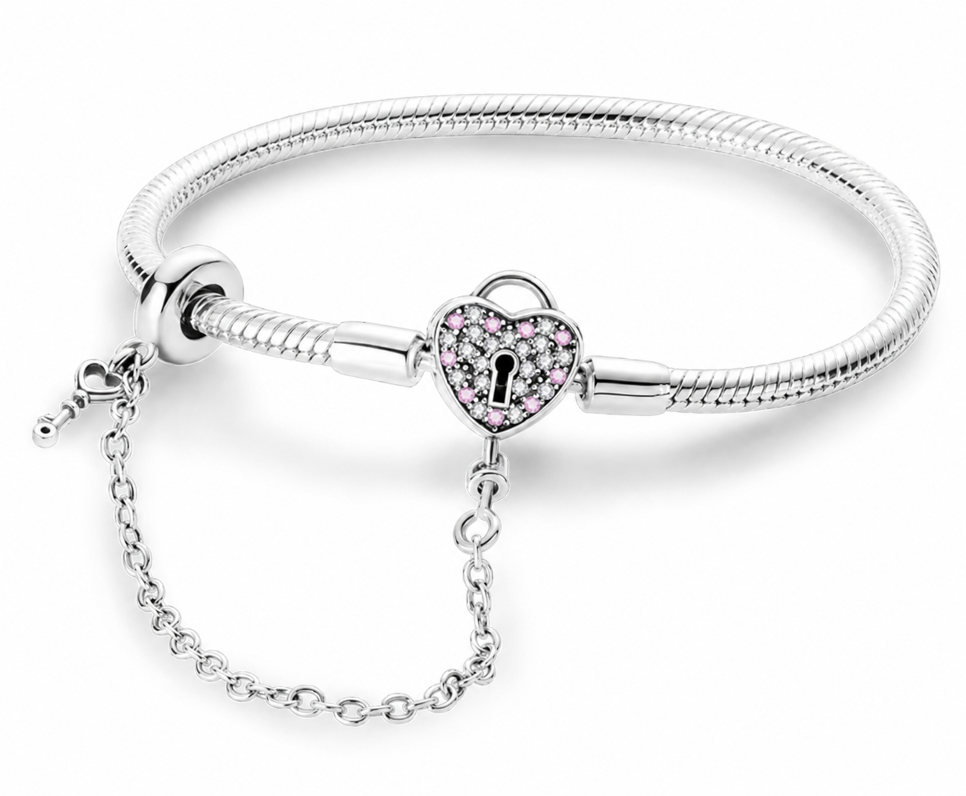 Pulsera de Plata de Ley 925 de cadena de serpiente y cierre corazón con circonitas y cadena de seguridad