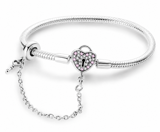 Pulsera de Plata de Ley 925 de cadena de serpiente y cierre corazón con circonitas y cadena de seguridad
