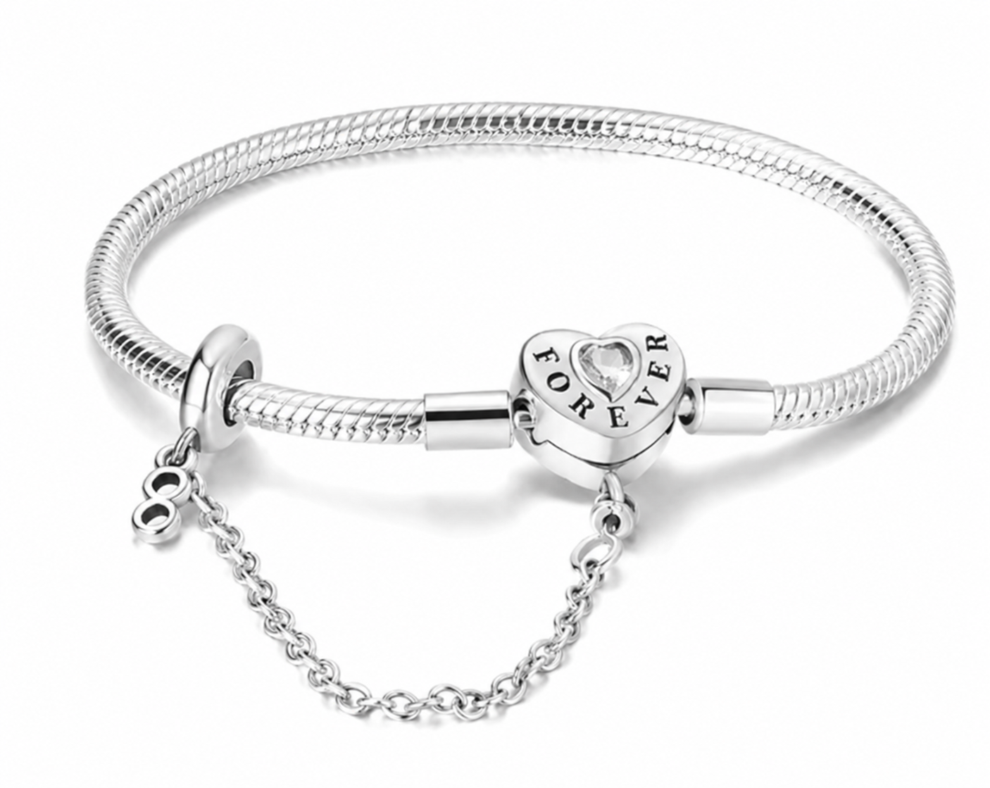 Pulsera de Plata de Ley 925 de cadena de serpiente y cierre corazon forever