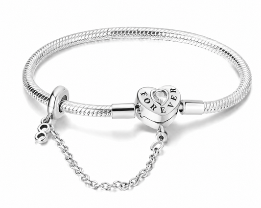 Pulsera de Plata de Ley 925 de cadena de serpiente y cierre corazon forever