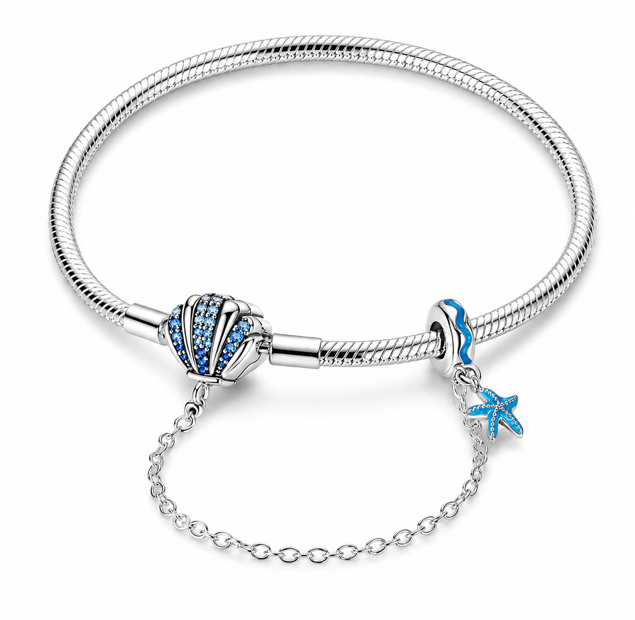Pulsera de Plata de ley 925 de cadena de serpiente con cierre de concha con circonitas  y cadena de seguridad con estrella de mar