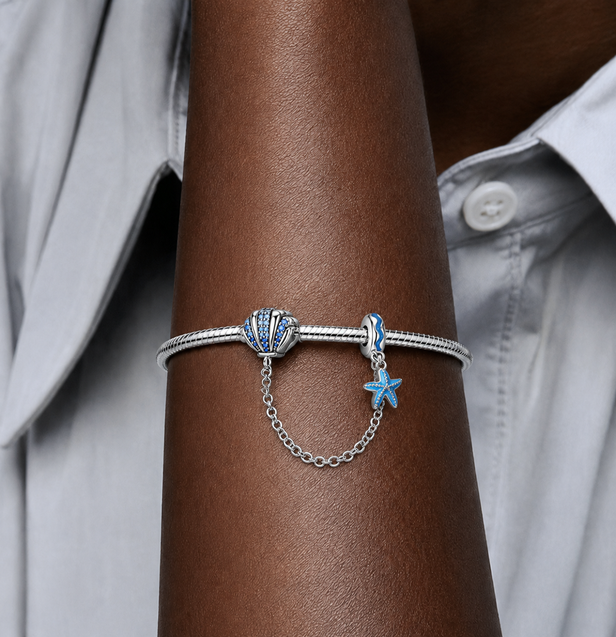 Pulsera de Plata de ley 925 de cadena de serpiente con cierre de concha con circonitas  y cadena de seguridad con estrella de mar