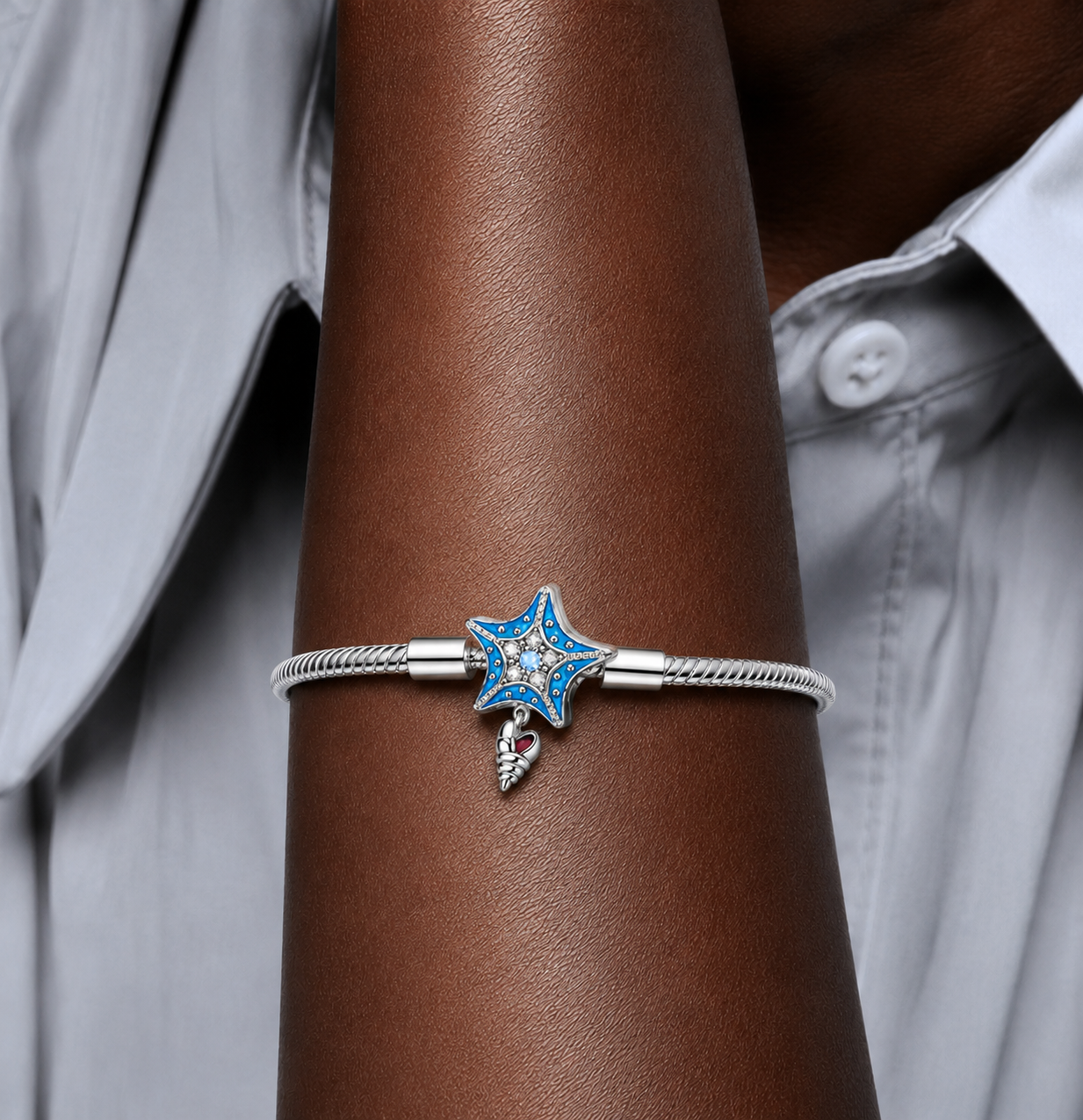 Pulsera de Plata de ley 925 de cadena de serpiente y cierre de estrella de mar con circonitas y caracola