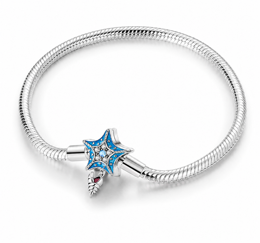 Pulsera de Plata de ley 925 de cadena de serpiente y cierre de estrella de mar con circonitas y caracola