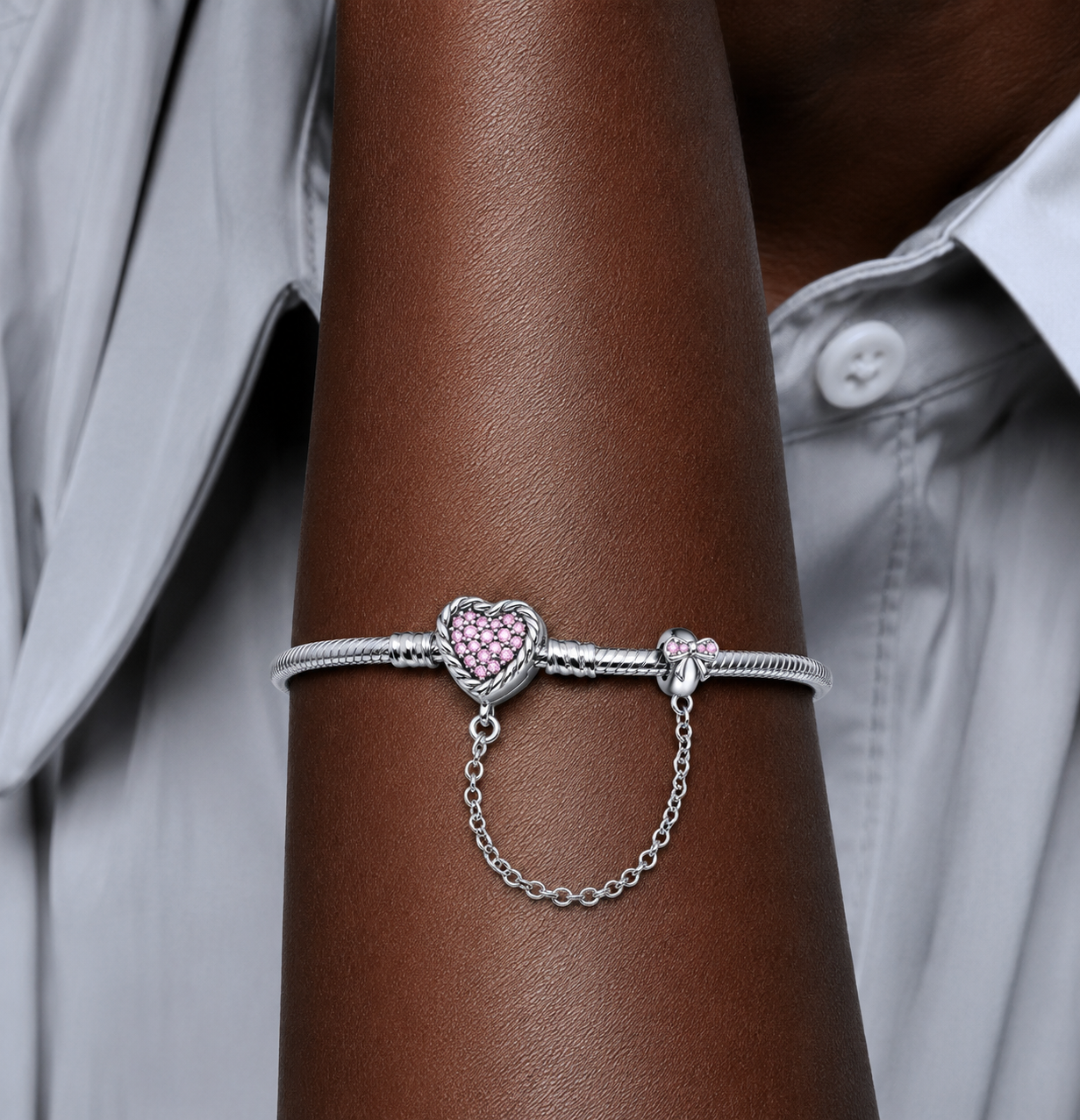 Pulsera de Plata de ley 925 de cadena de serpiente y cierre corazón y circonitas con cadena de seguridad de lazo
