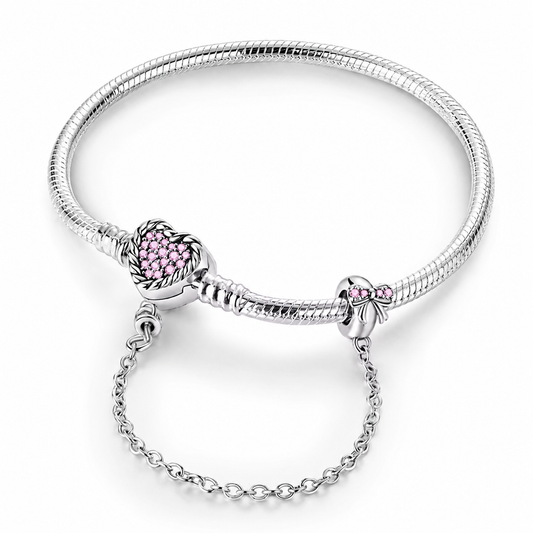 Pulsera de Plata de ley 925 de cadena de serpiente y cierre corazón y circonitas con cadena de seguridad de lazo
