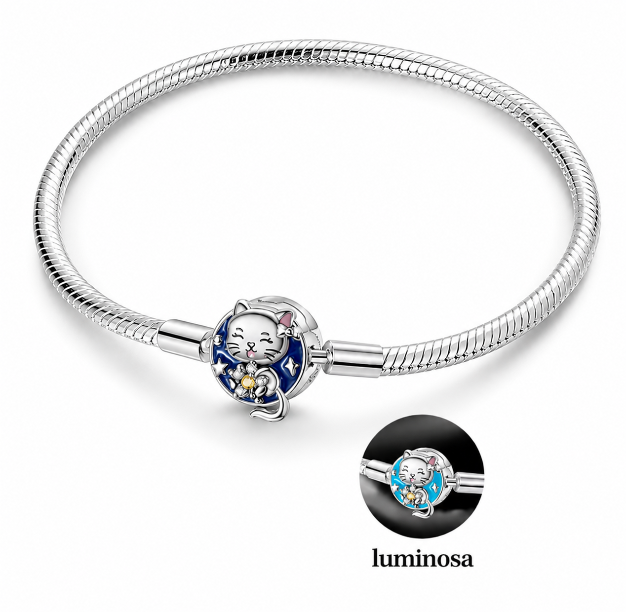 Pulsera de Plata de ley 925 cadena de serpiente con cierre de gato esmaltado y luminosa en la oscuridad
