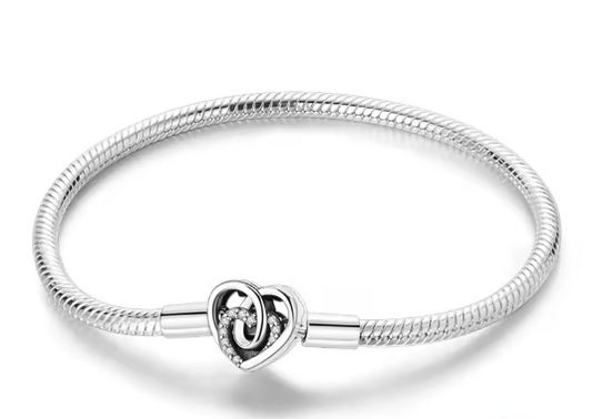 Pulsera de Plata de ley 925 cadena de serpiente y cierre calado de corazón con circonitas