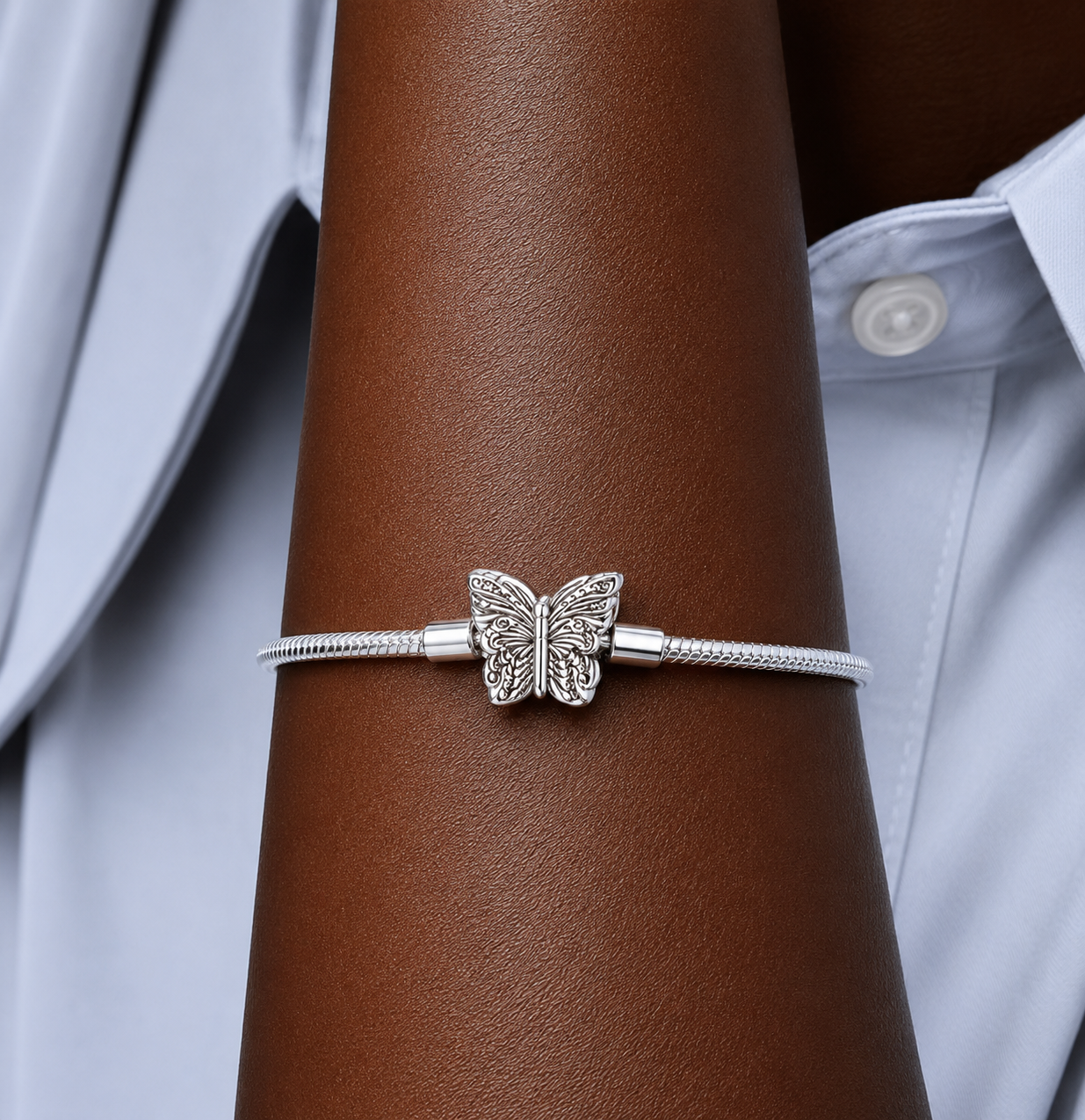 Pulsera de Plata de Ley 925 de cadena de serpiente y cierre de mariposa