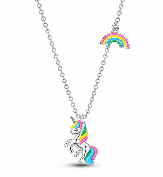 CADENA ROLO 45 CM CON COLGANTE PLATA 925 unicornio y arcoiris esmalte