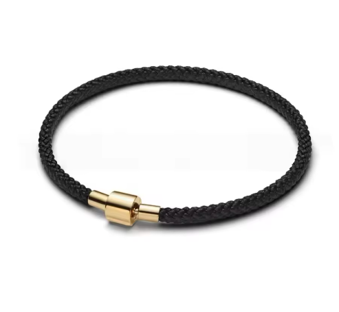 PULSERA PLATA DE LEY 925 cuerda negra y cierre barril bañado amarillo