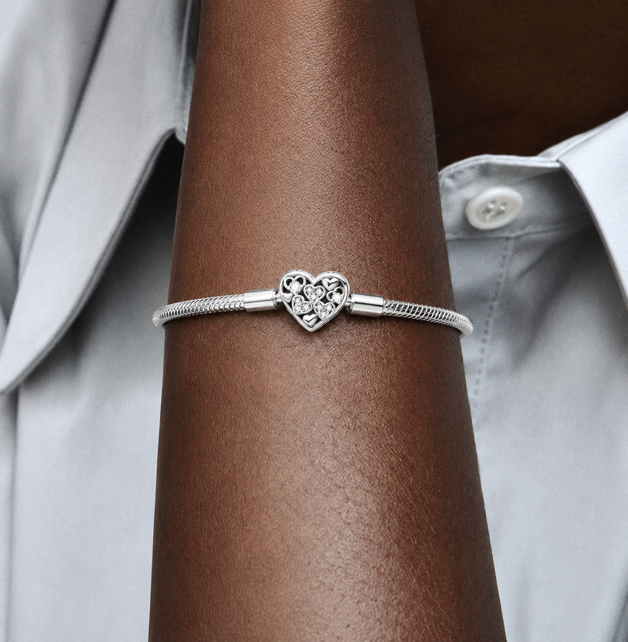 Pulsera de Plata de Ley 925 de cadena de serpiente y cierre de corazón con circonitas