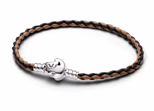 PULSERA PLATA DE LEY 925 de cuero dos tonos y cierre león