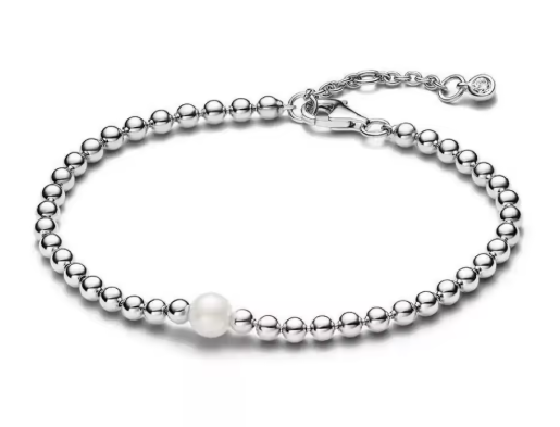 PULSERA PLATA DE LEY 925 de cadena de bolas con achicador y perla