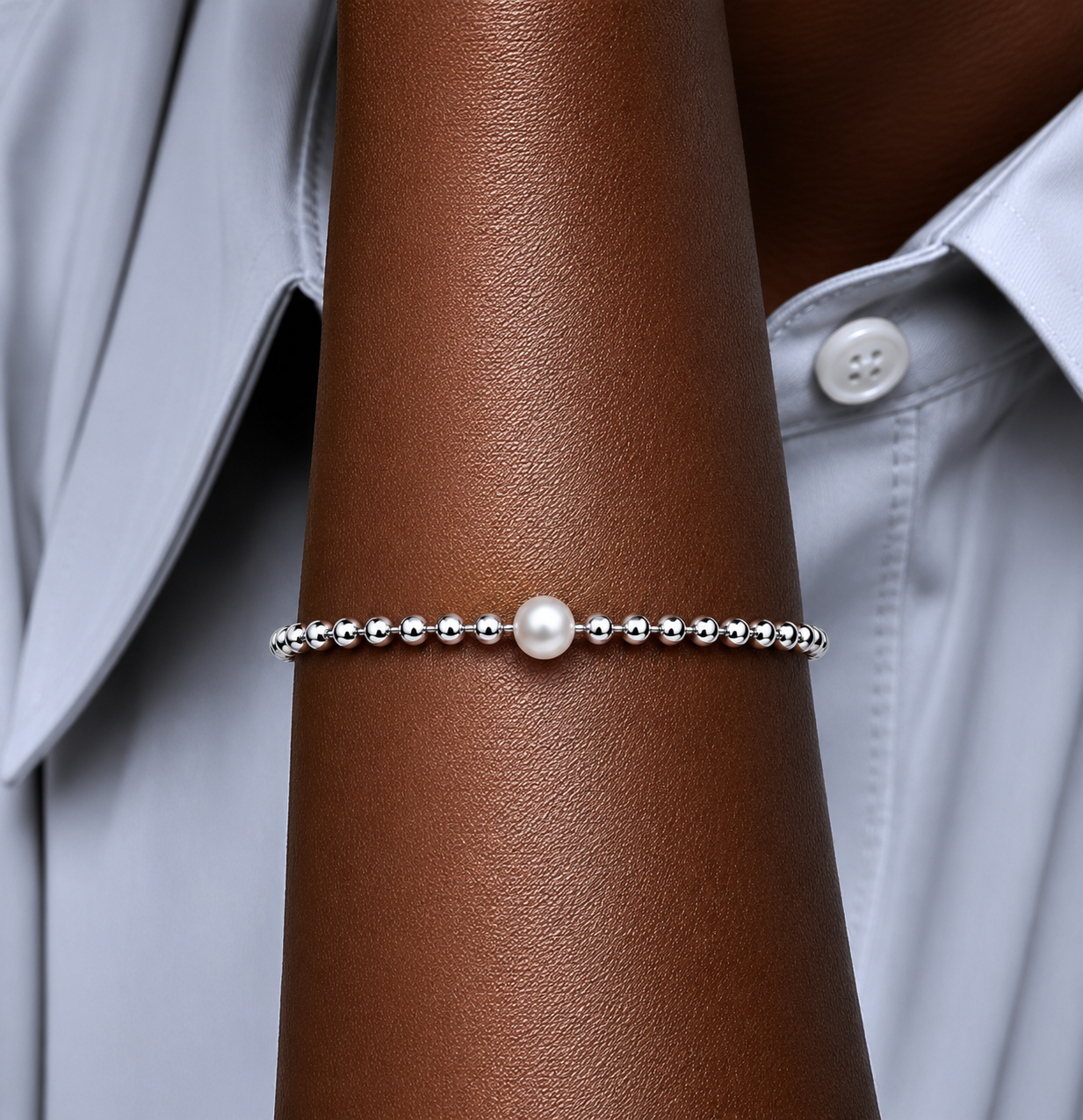PULSERA PLATA DE LEY 925 de cadena de bolas con achicador y perla