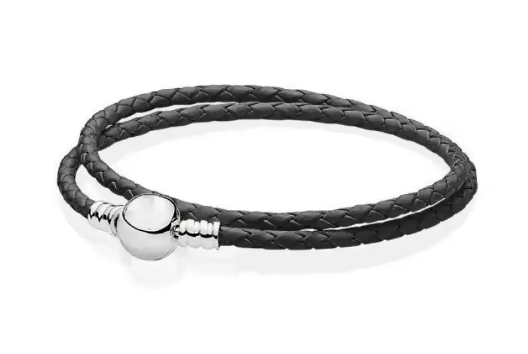 PULSERA PLATA DE LEY 925 de cuero doble negro y cierre de bola